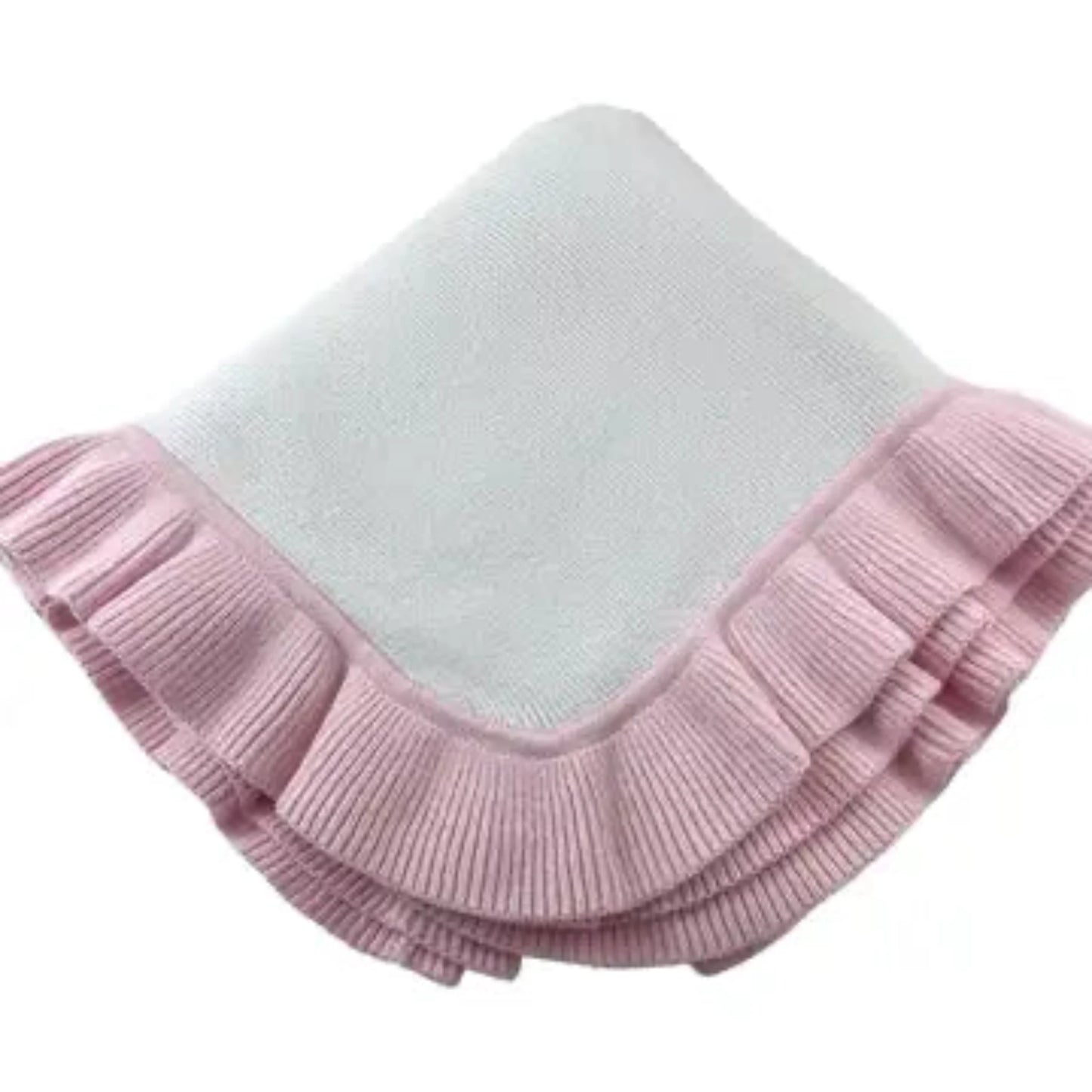 Knit baby blanket with a pink ruffled border
