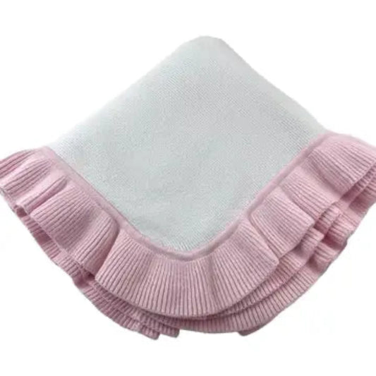 Knit baby blanket with a pink ruffled border