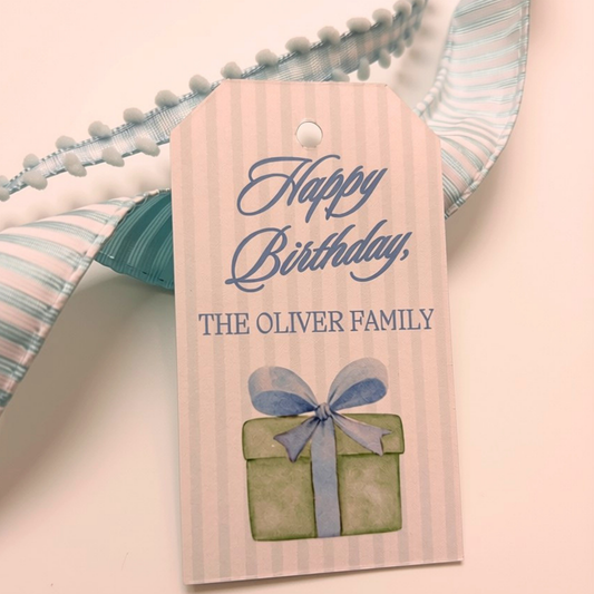 Birthday gift tag with blue stripes and watercolor style gift personalized with family name