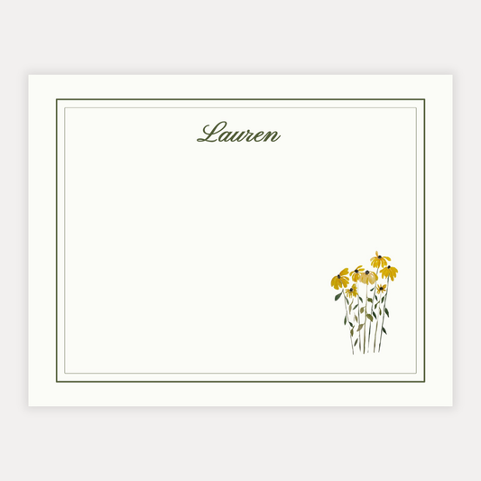 A2 flat cards on premium 120 lb eggshell cardstock with personalized name in elegant script and hand-painted watercolor flowers with a double-border frame design professionally printed for a beautiful, high-quality finish
