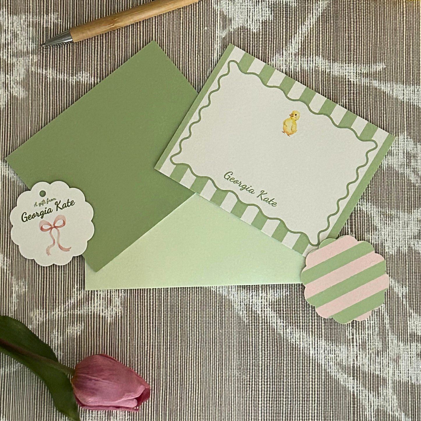 Green duckling stationery set with a card and envelope and matching gift tags