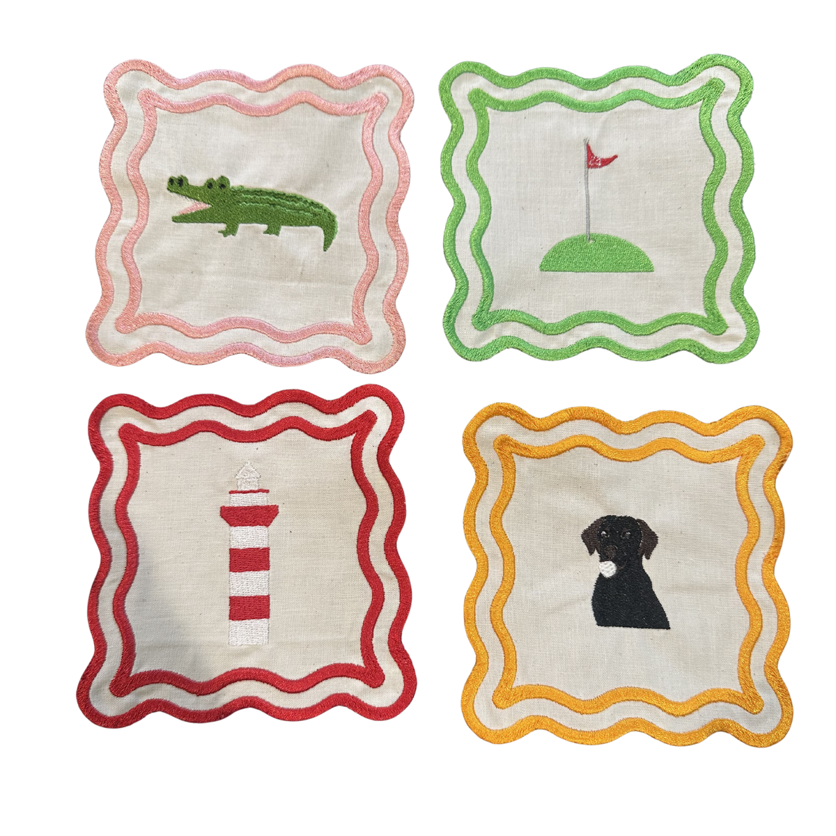 Personalized embroidered cocktail napkins with colorful scalloped borders
