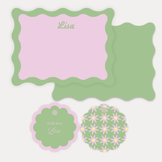 Set of personalized stationery with wavy premium cardstock note cards, and floral scallop gift tags 