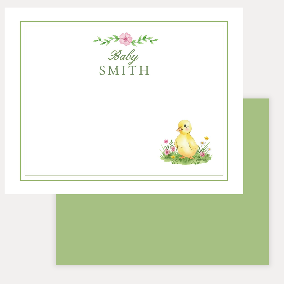 Baby stationery with a yellow duckling and floral design with a green back and personalized name
