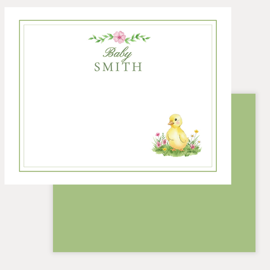 Baby stationery with a yellow duckling and floral design with a green back and personalized name
