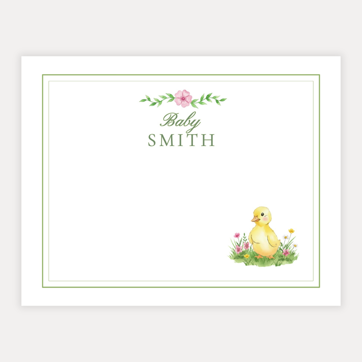 Baby stationery with a yellow duckling and floral design a personalized name and double border