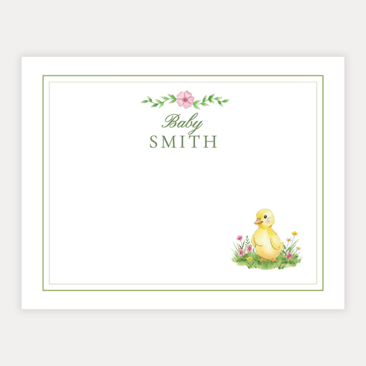 Baby stationery with a yellow duckling and floral design a personalized name and double border