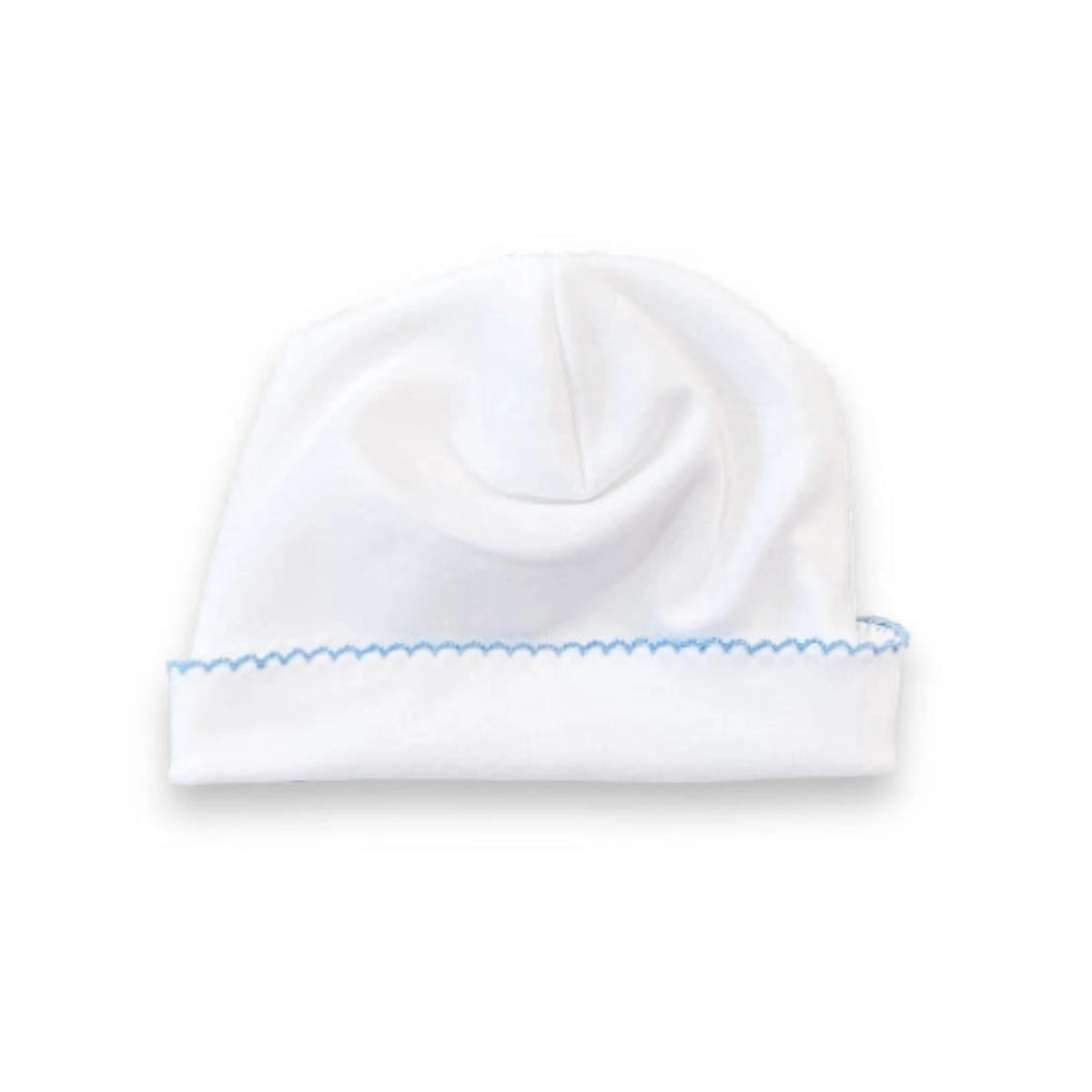A white knit baby beanie hat with a folded cuff featuring light blue zigzag picot sticking