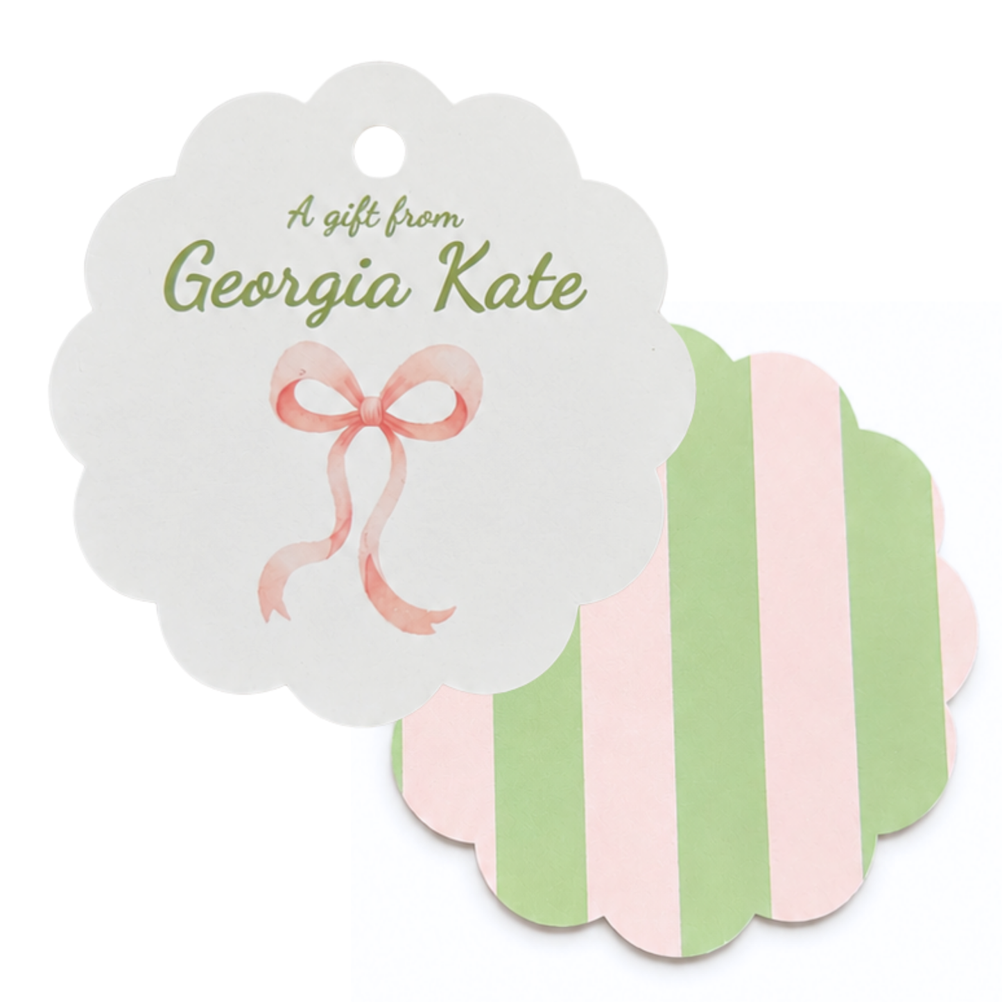 A scalloped gift tag with a pink ribbon and coordinating back Personalized with name 
