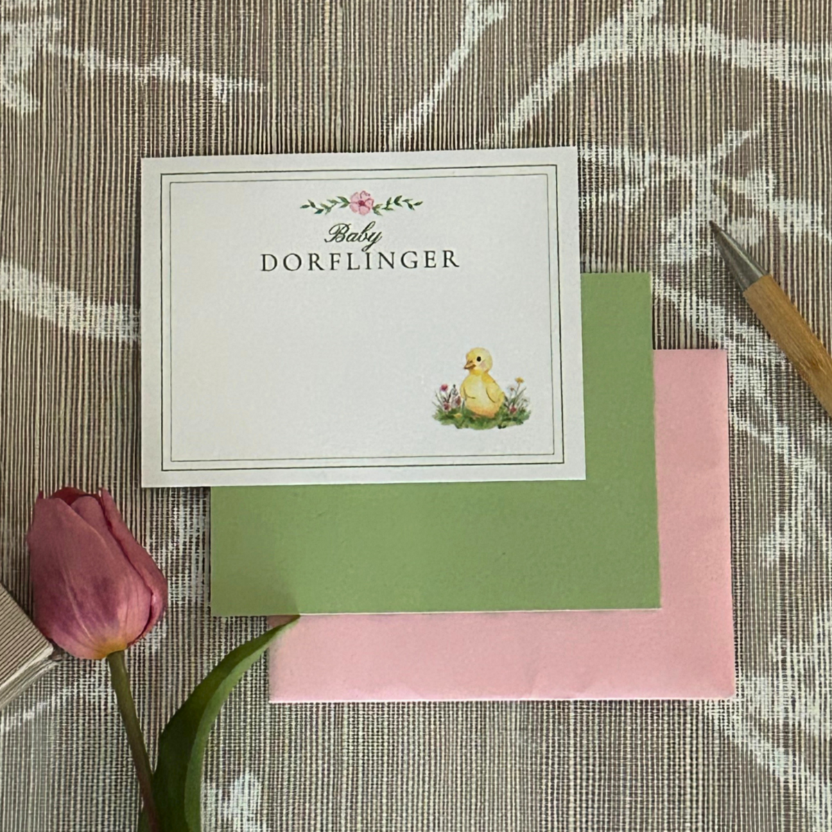 Baby thank you note with duck illustration and personalized name 