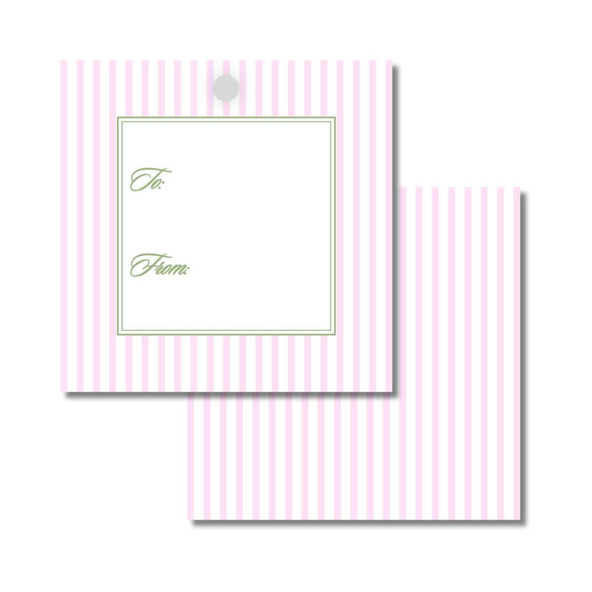 Pink and white vertically striped gift tags with a central white label area featuring 'To:' and 'From:' in green script
