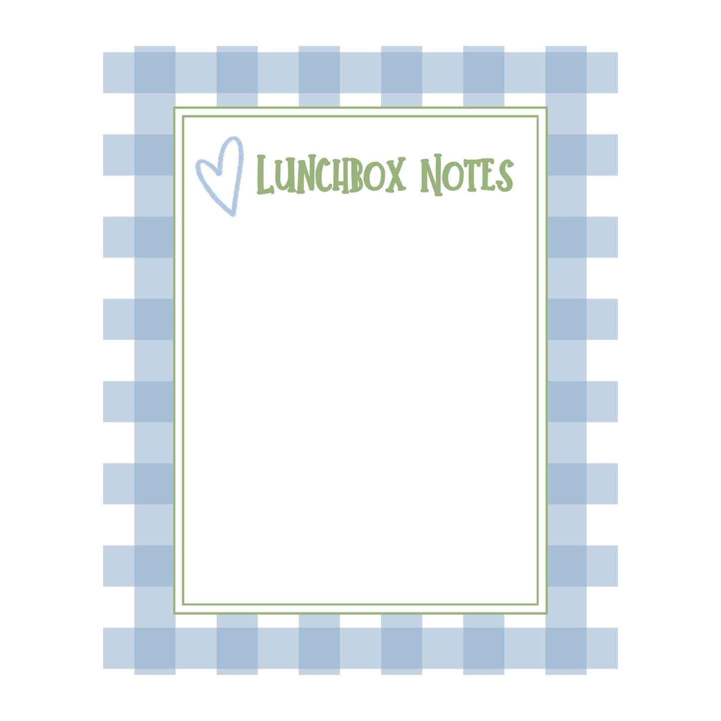 A rectangle notepad labeled 'LUNCHBOX NOTES' with a light blue gingham border