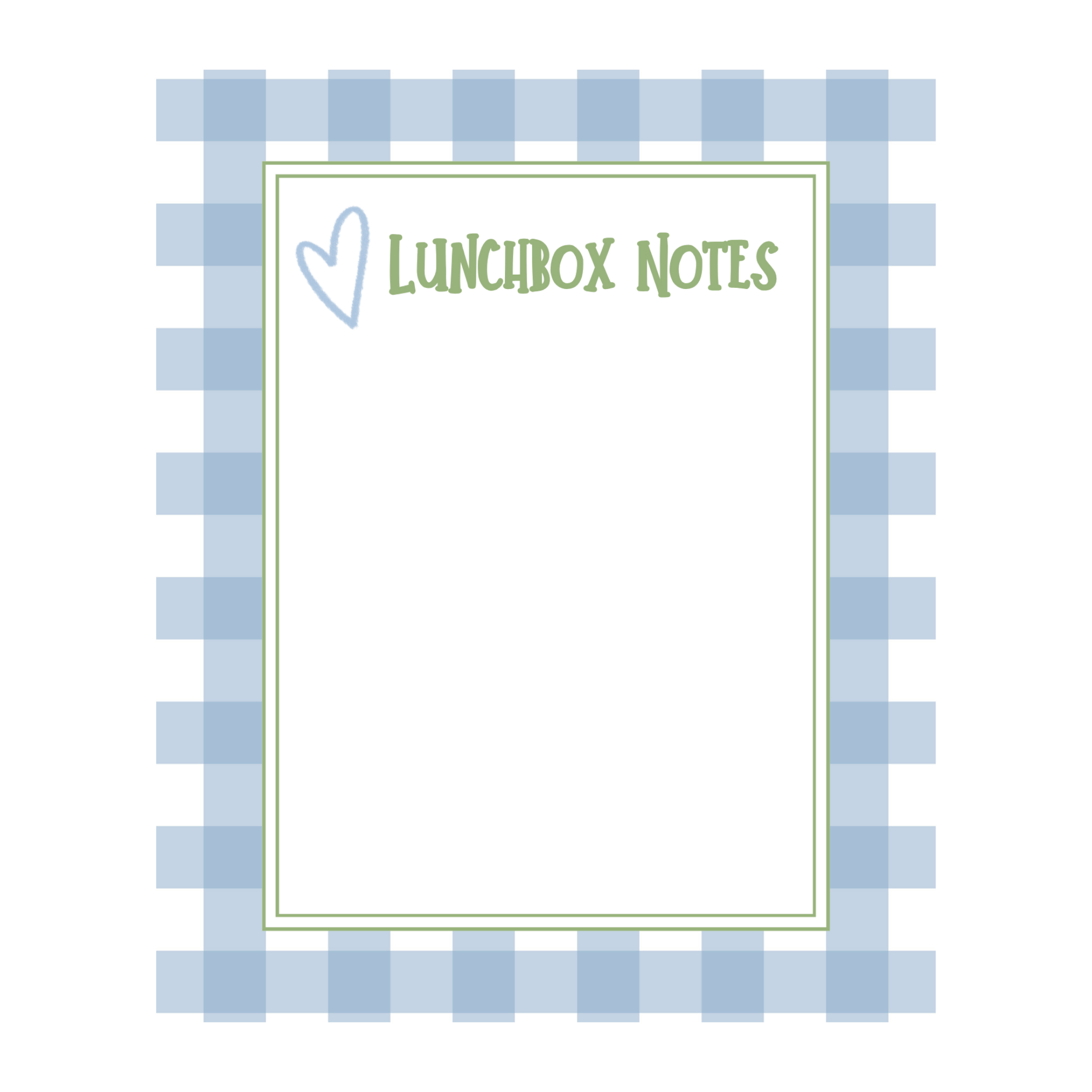 A rectangle notepad labeled 'LUNCHBOX NOTES' with a light blue gingham border
