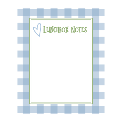 A rectangle notepad labeled 'LUNCHBOX NOTES' with a light blue gingham border