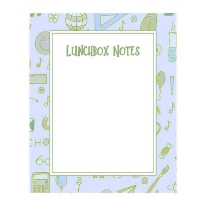 A rectangle notepad with a pale blue background and a border of light green school-themed doodles, featuring the title 'LUNCHBOX NOTES' in green text 