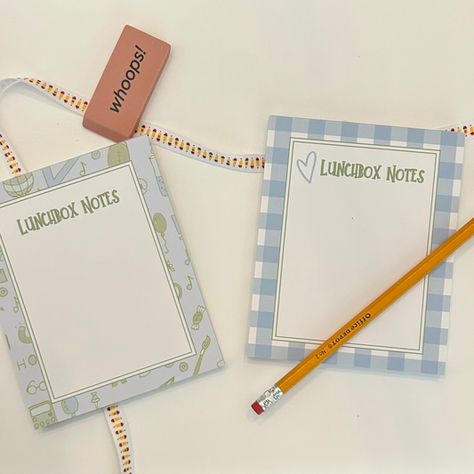 Two mini notepad sheets with pattern borders and LUNCHBOX NOTES for writing sweet notes to kids
