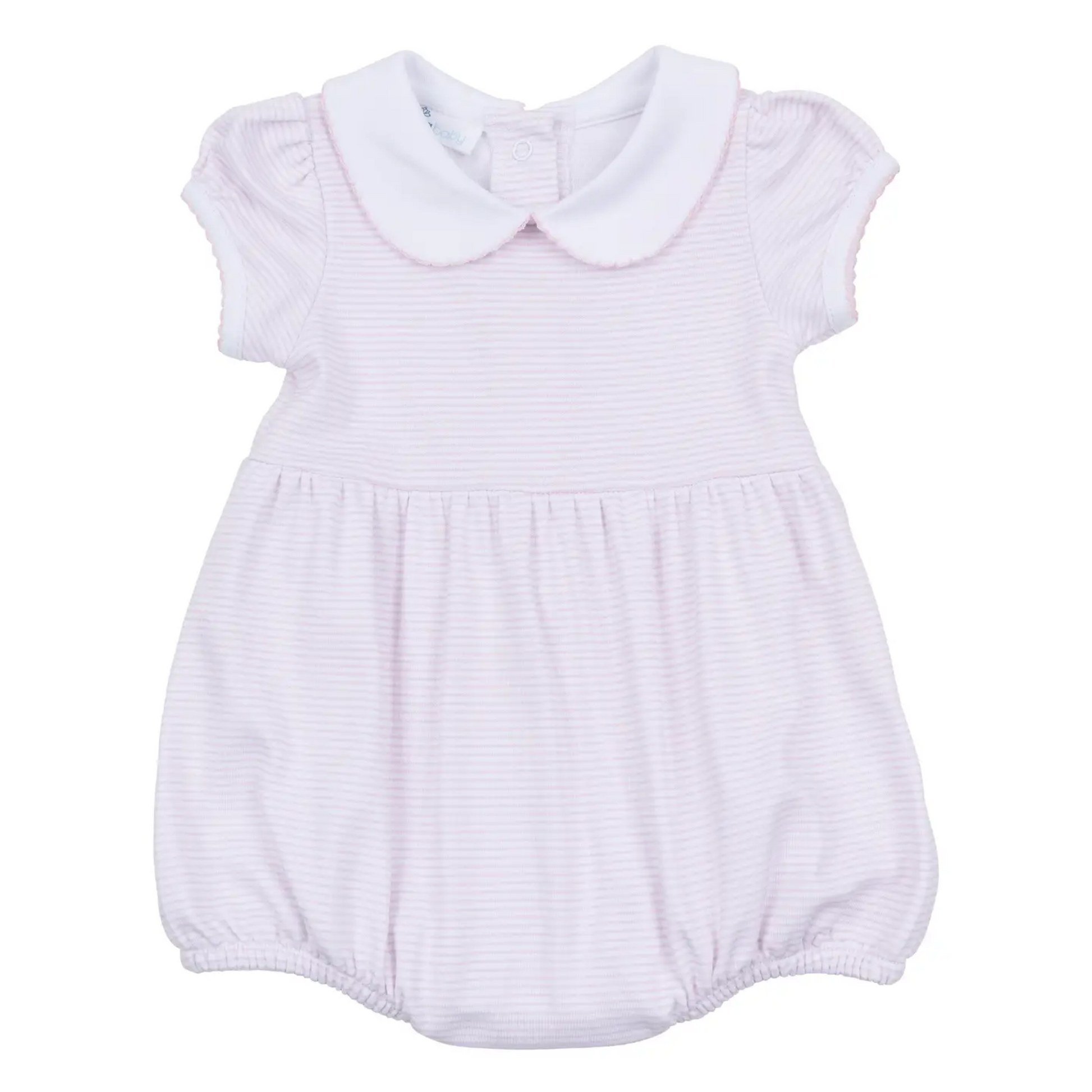 Pink Collared Stripe Bubble, 100% cotton with picot trim on the collar