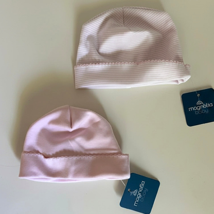 Newborn caps solid pink and pink striped cotton