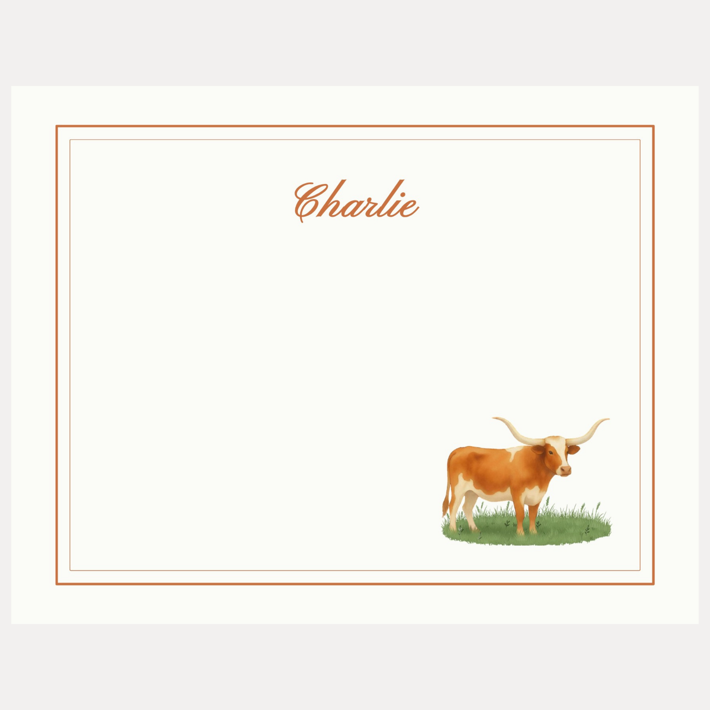 Personalized longhorn stripe stationery with custom name and Western design on A2 note cards. Luxury personalized stationery for everyday correspondence