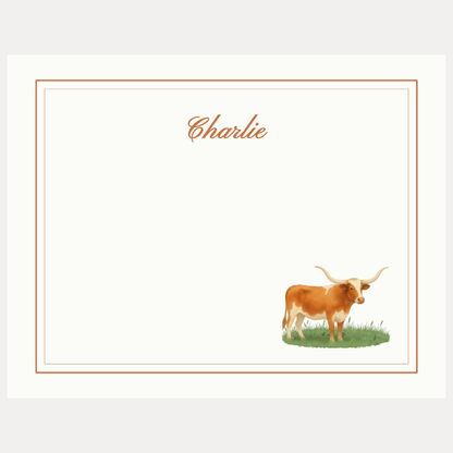 Personalized longhorn stripe stationery with custom name and Western design on A2 note cards. Luxury personalized stationery for everyday correspondence