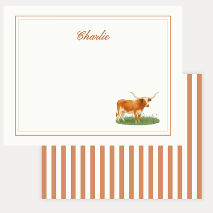 Personalized longhorn stripe stationery with custom name and Western stripe design on A2 note cards. Luxury personalized stationery for everyday correspondence