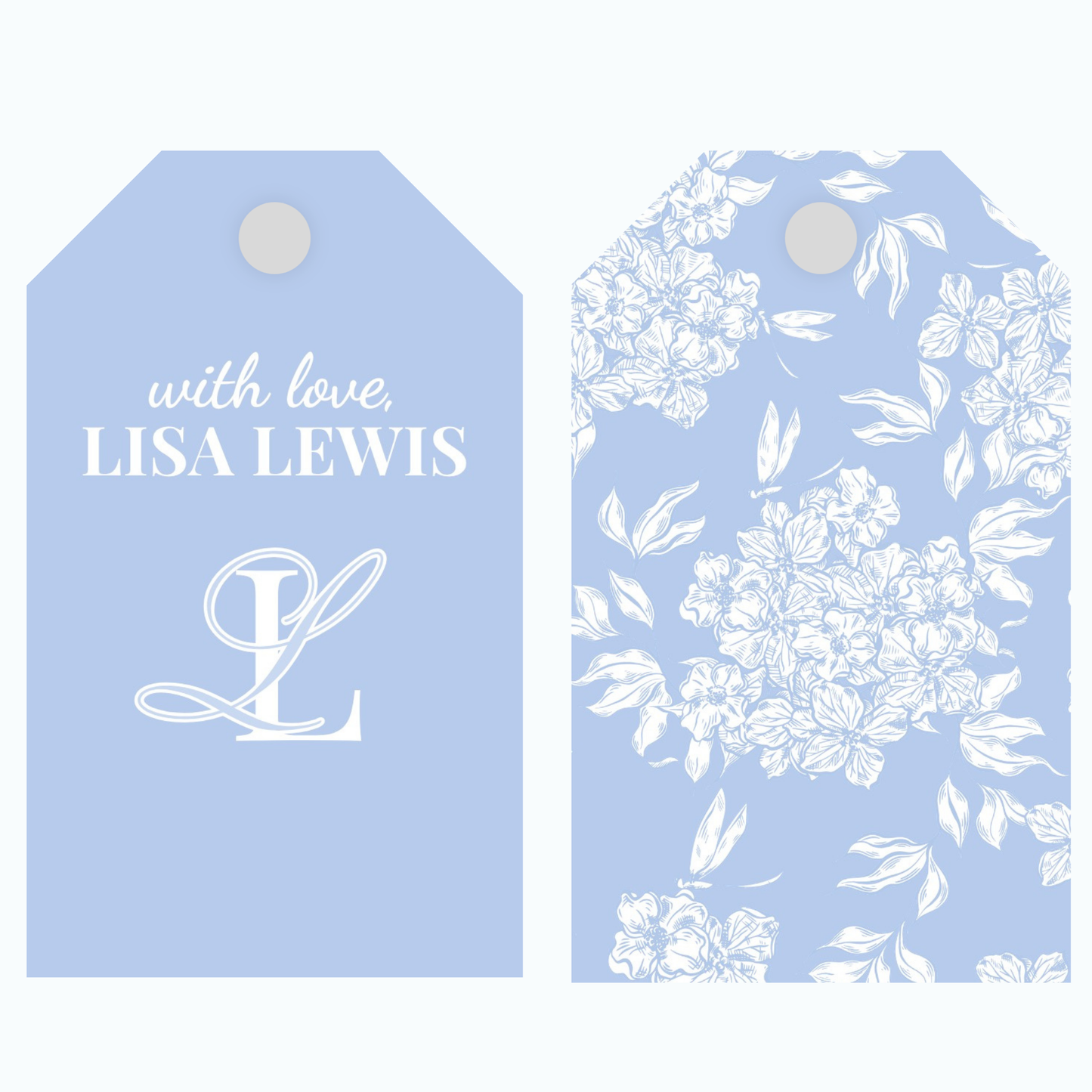 Blue gift tags with floral patterns and text with love on premium paper