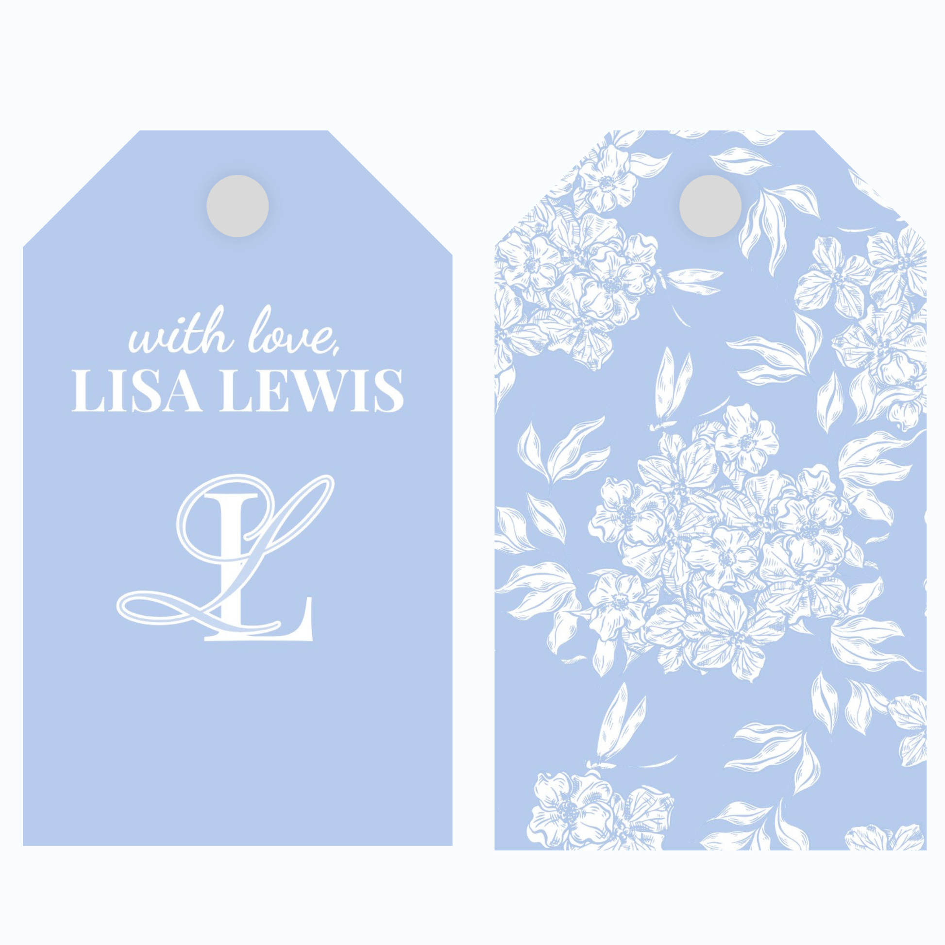 Blue gift tags with floral patterns and text with love on premium paper