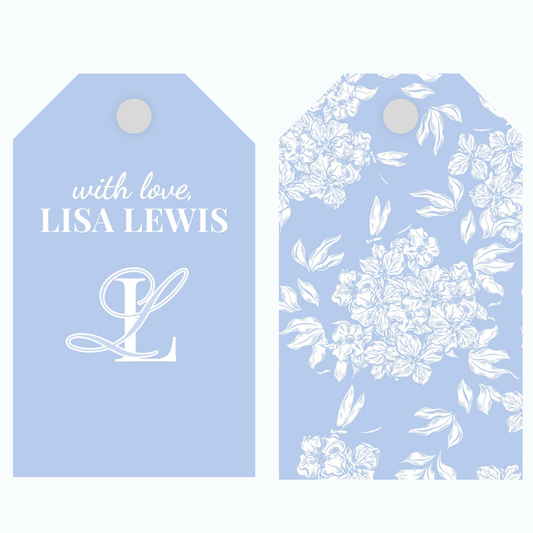 Blue gift tags with floral patterns and text with love on premium paper