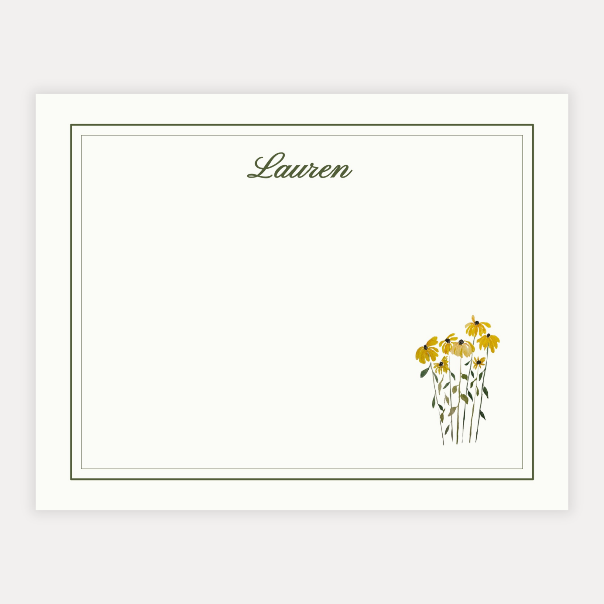 A2 flat cards on premium 120 lb eggshell cardstock with personalized name in elegant script and hand-painted watercolor flowers with a double-border frame design professionally printed for a beautiful, high-quality finish