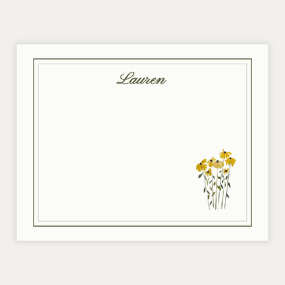 A2 flat cards on premium 120 lb eggshell cardstock with personalized name in elegant script and hand-painted watercolor flowers with a double-border frame design professionally printed for a beautiful, high-quality finish