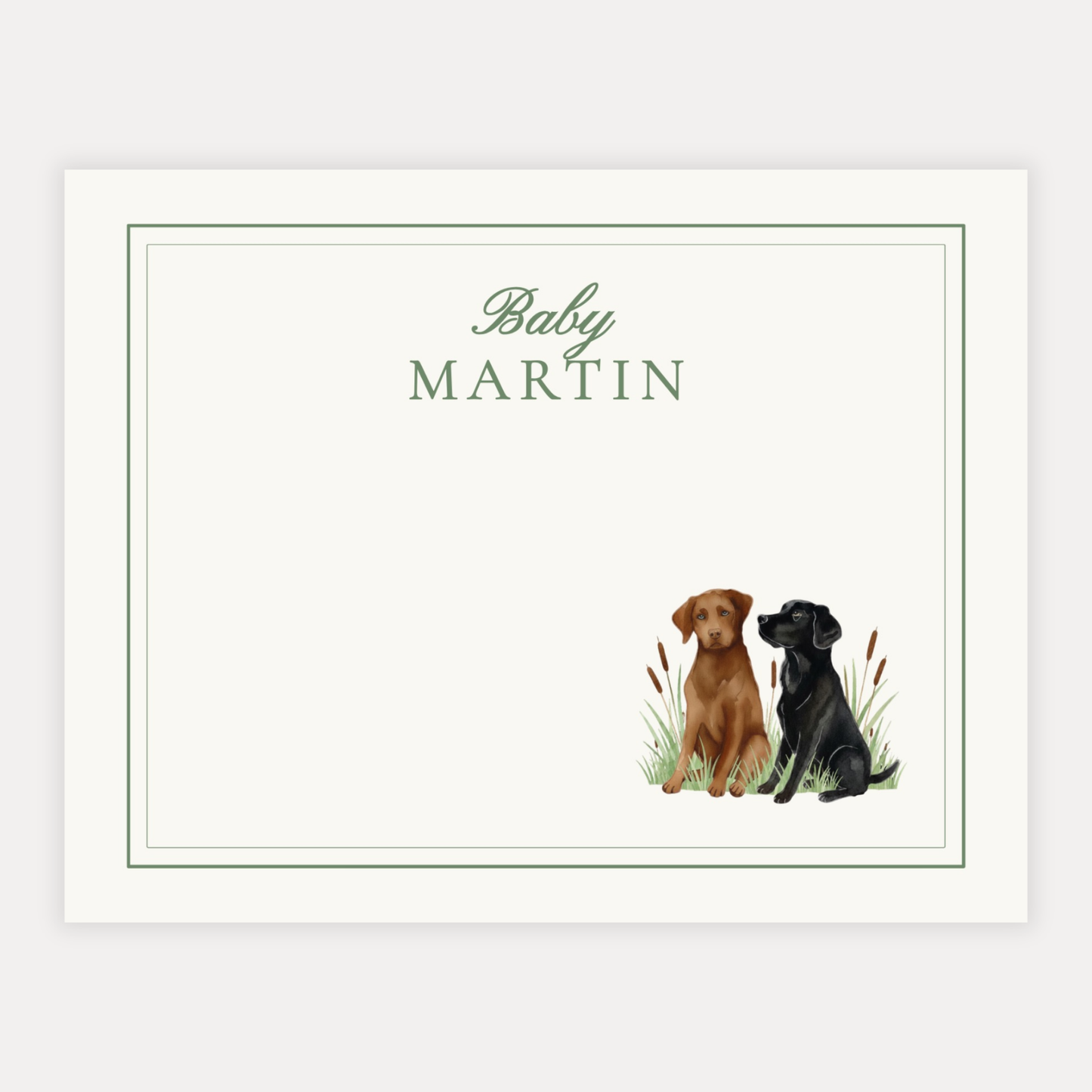 Note card with two dogs with personalized text on high quality cardstock with a double border