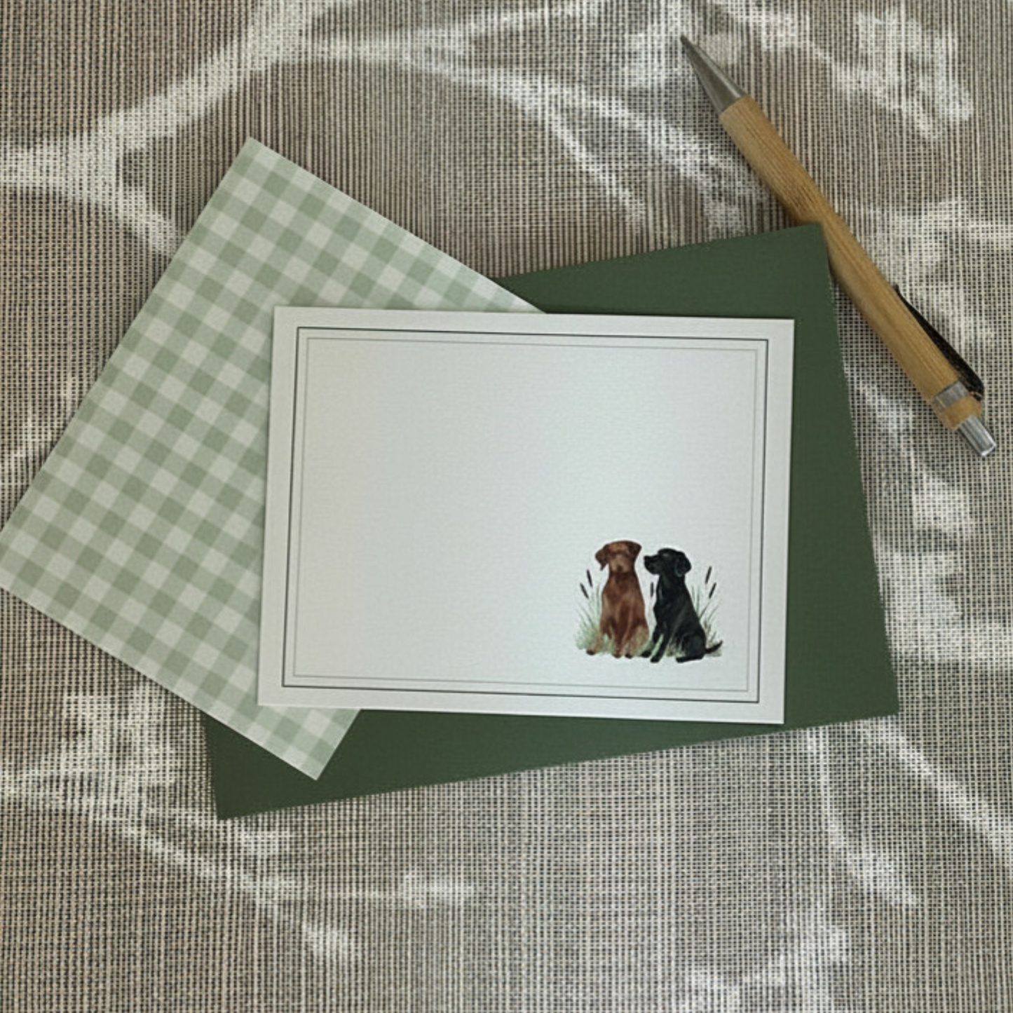 Custom dog stationery with watercolor puppy artwork and gingham pattern, personalized flat notecards for correspondence and gifts