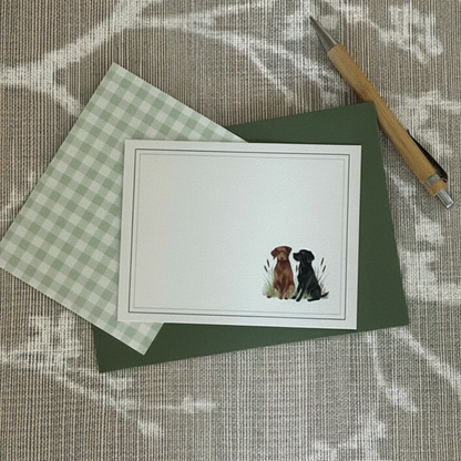 Custom dog stationery with watercolor puppy artwork and gingham pattern, personalized flat notecards for correspondence and gifts