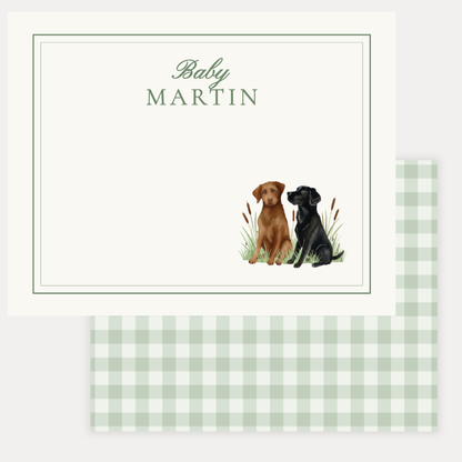 Personalized notecards with watercolor dogs, double border, a gingham back, A2 notecards with high quality paper