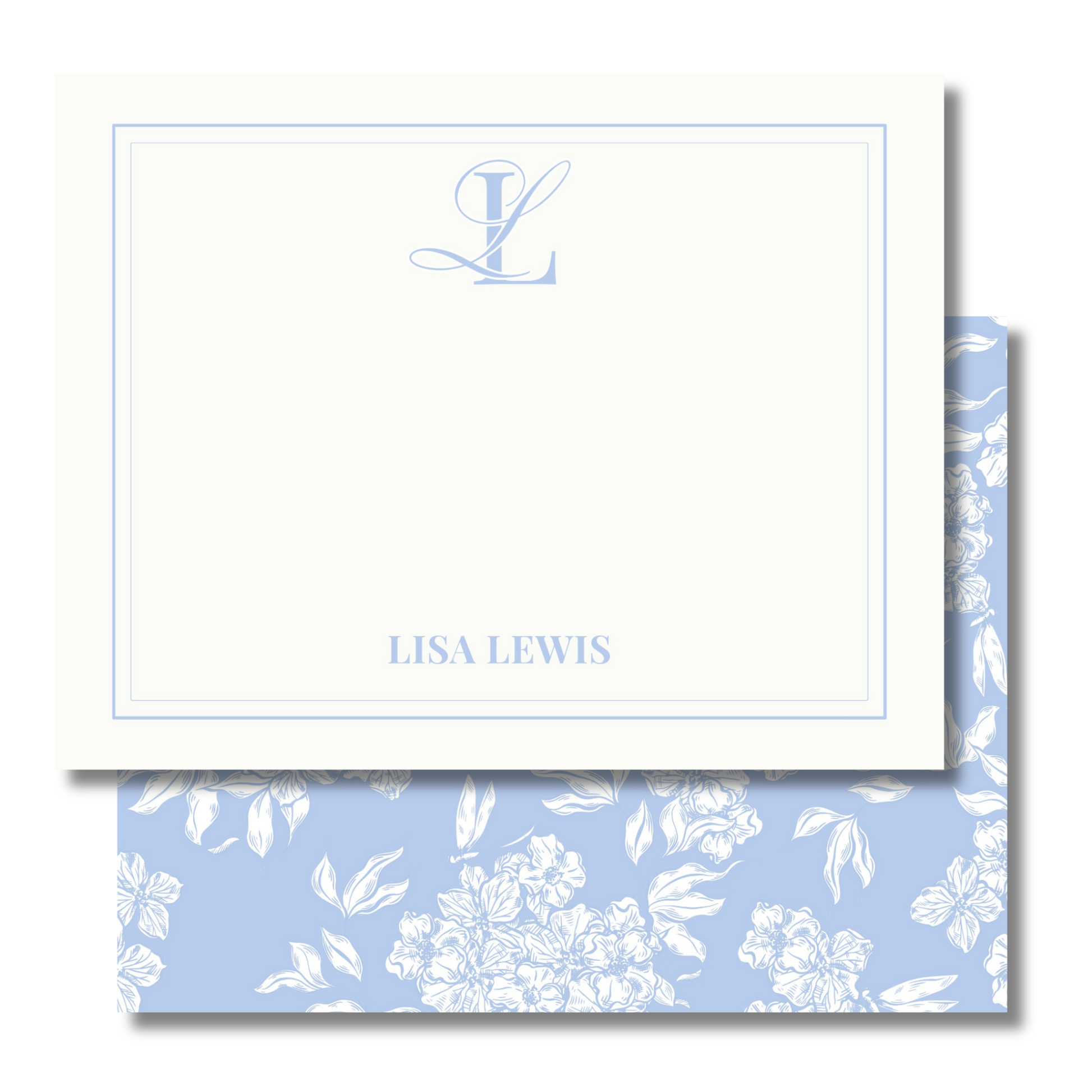 A cream-colored personalized note card with a light blue border, a monogram and  name with a matching floral patterned envelope back