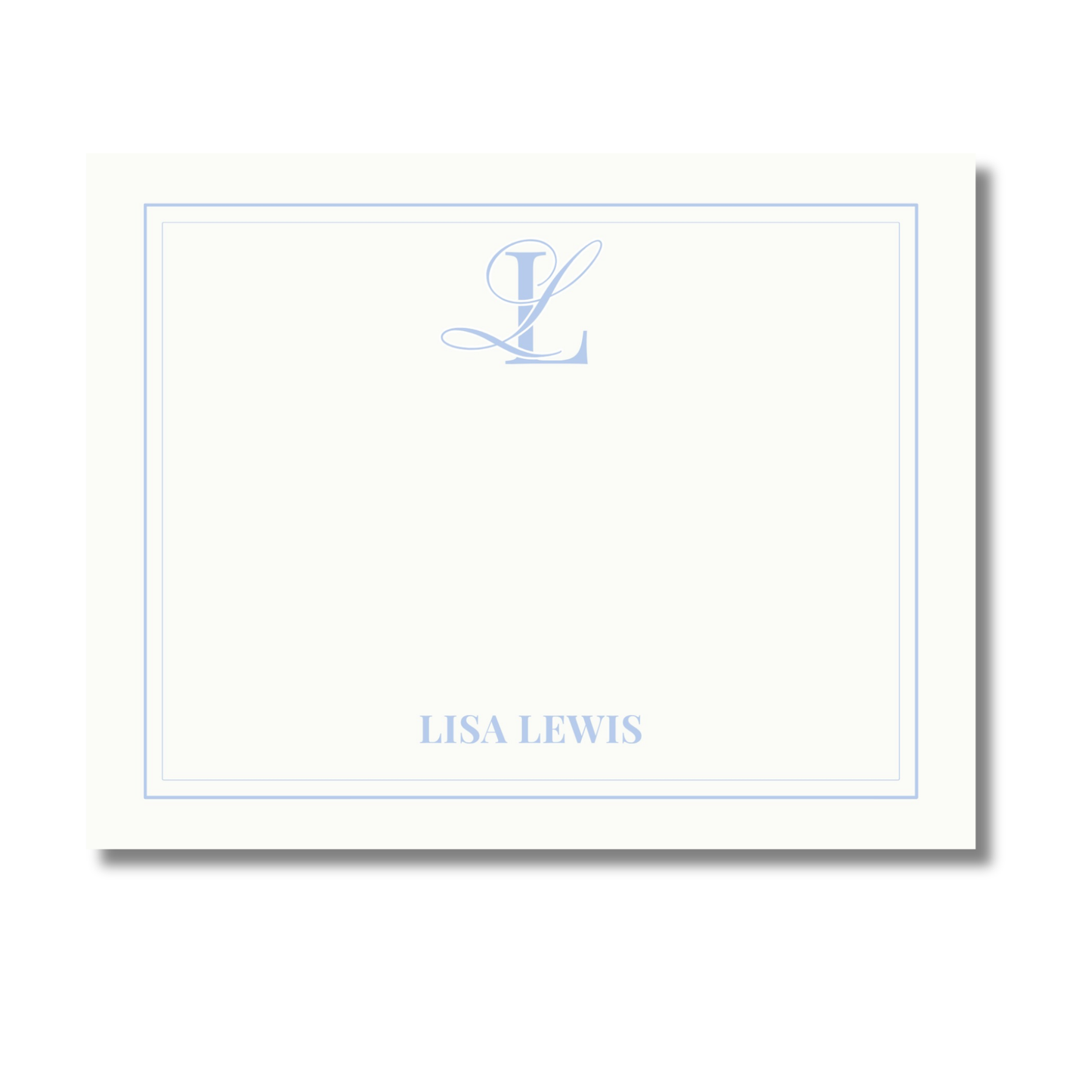 Cream-colored stationery card with a thin light border, featuring a monogram and  name 