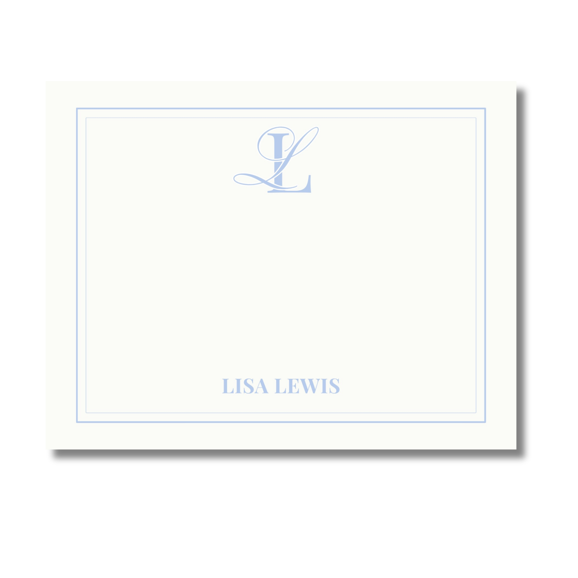 Cream-colored stationery card with a thin light border, featuring a monogram and  name 