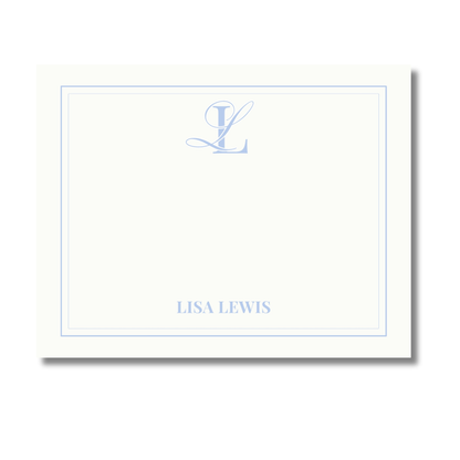 Cream-colored stationery card with a thin light border, featuring a monogram and  name 