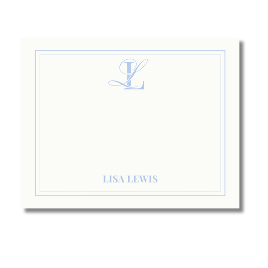 Cream-colored stationery card with a thin light border, featuring a monogram and  name 