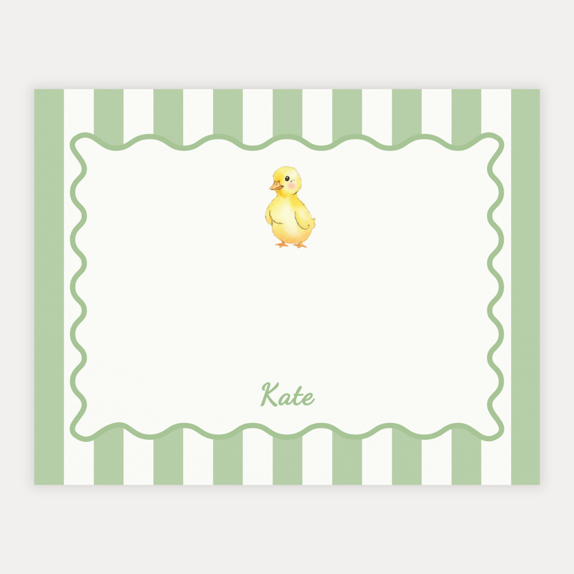 Note card with a duck illustration and striped scallop border and matching green back, on high quality cardstock