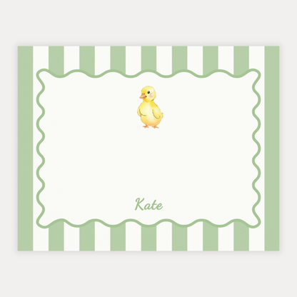 Note card with a duck illustration and striped scallop border and matching green back, on high quality cardstock