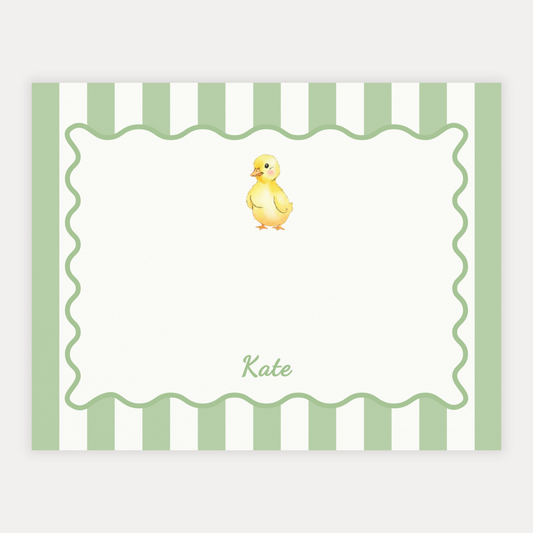 Note card with a duck illustration and striped scallop border and matching green back, on high quality cardstock