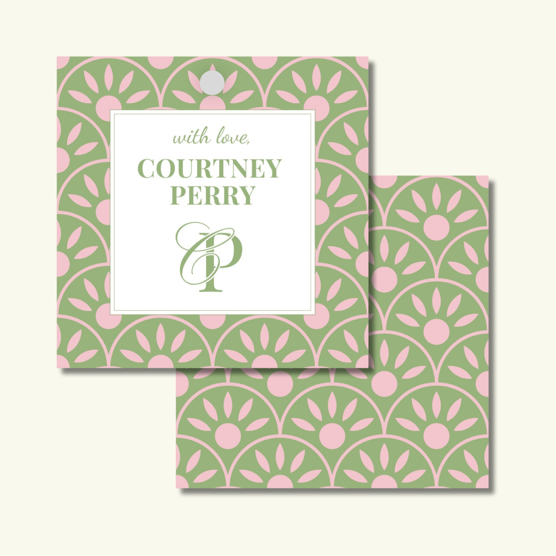 Square personalized tags with a sage green and pink floral pattern, monogram, and name.