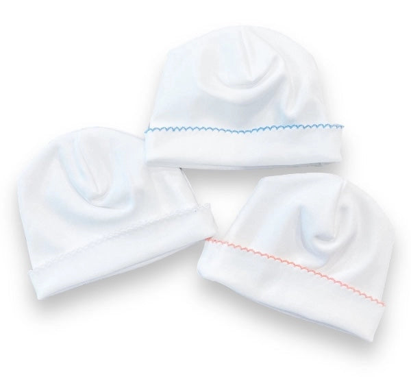 white baby hats with picot trim, 100 percent cotton