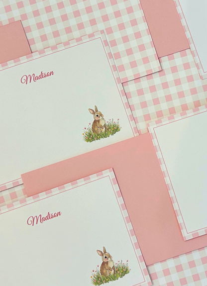 Set of pink personalized note cards featuring a bunny rabbit illustrations pink gingham back/border on premium cardstock with pink envelopes 