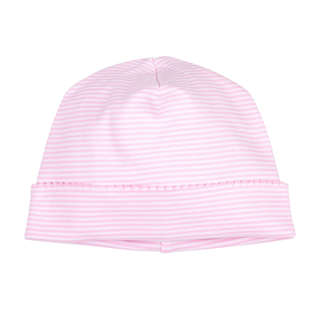 A light pink and white striped knit baby beanie hat, 100 percent cotton