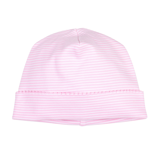 A light pink and white striped knit baby beanie hat, 100 percent cotton
