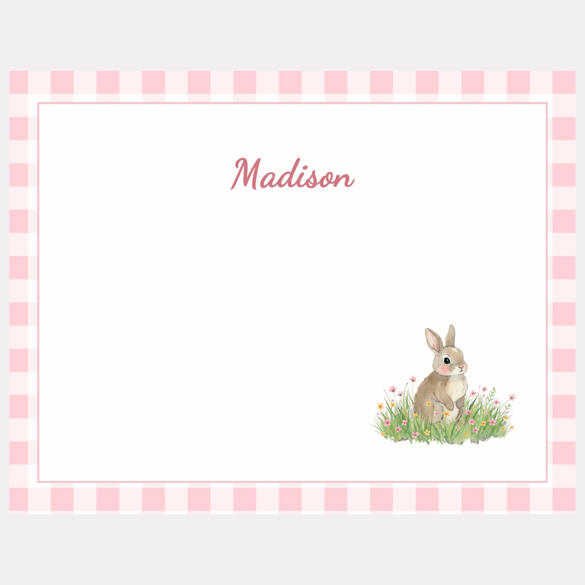 Personalized note card with a bunny rabbit illustration on a pink gingham border and back on premium cardstock