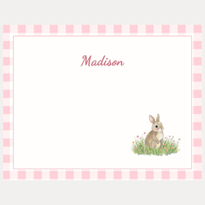 Personalized note card with a bunny rabbit illustration on a pink gingham border and back on premium cardstock