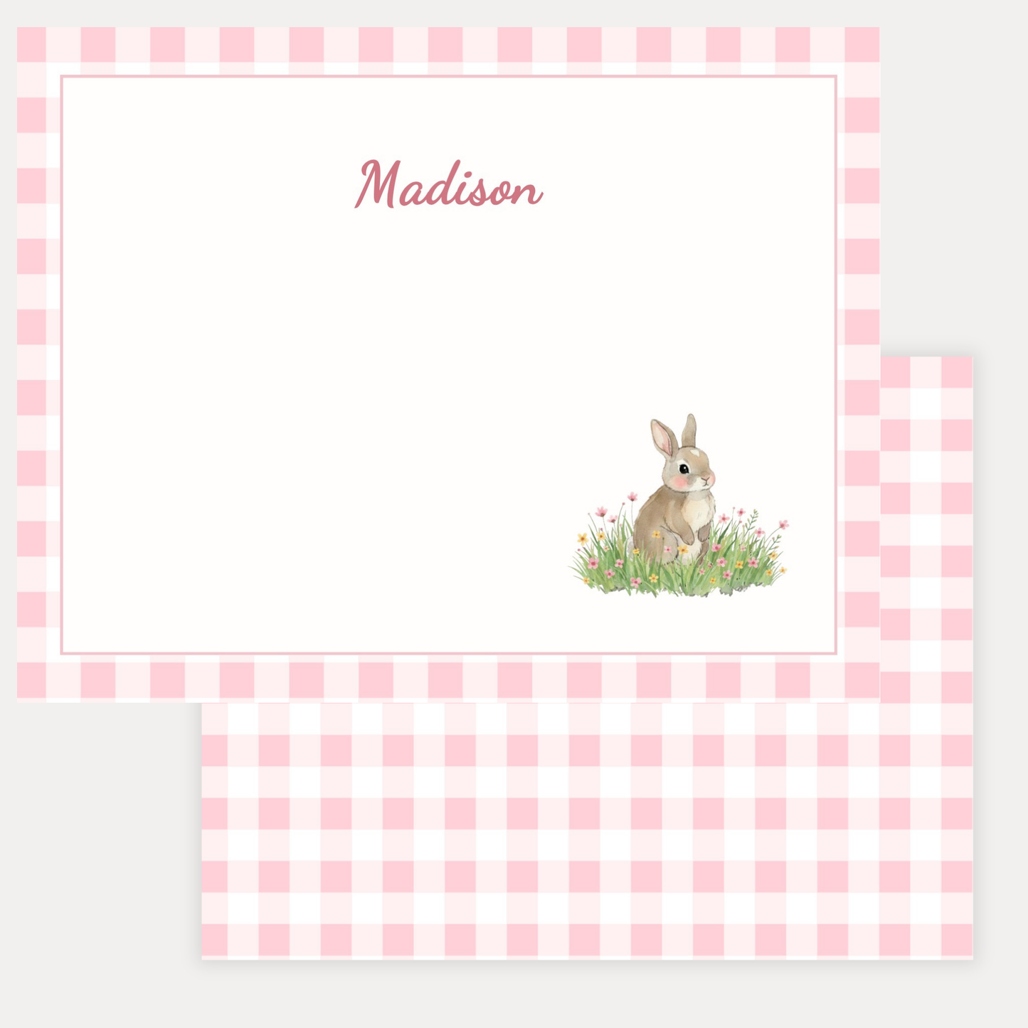 Personalized note card with a bunny rabbit illustration on a pink gingham border and back on premium cardstock